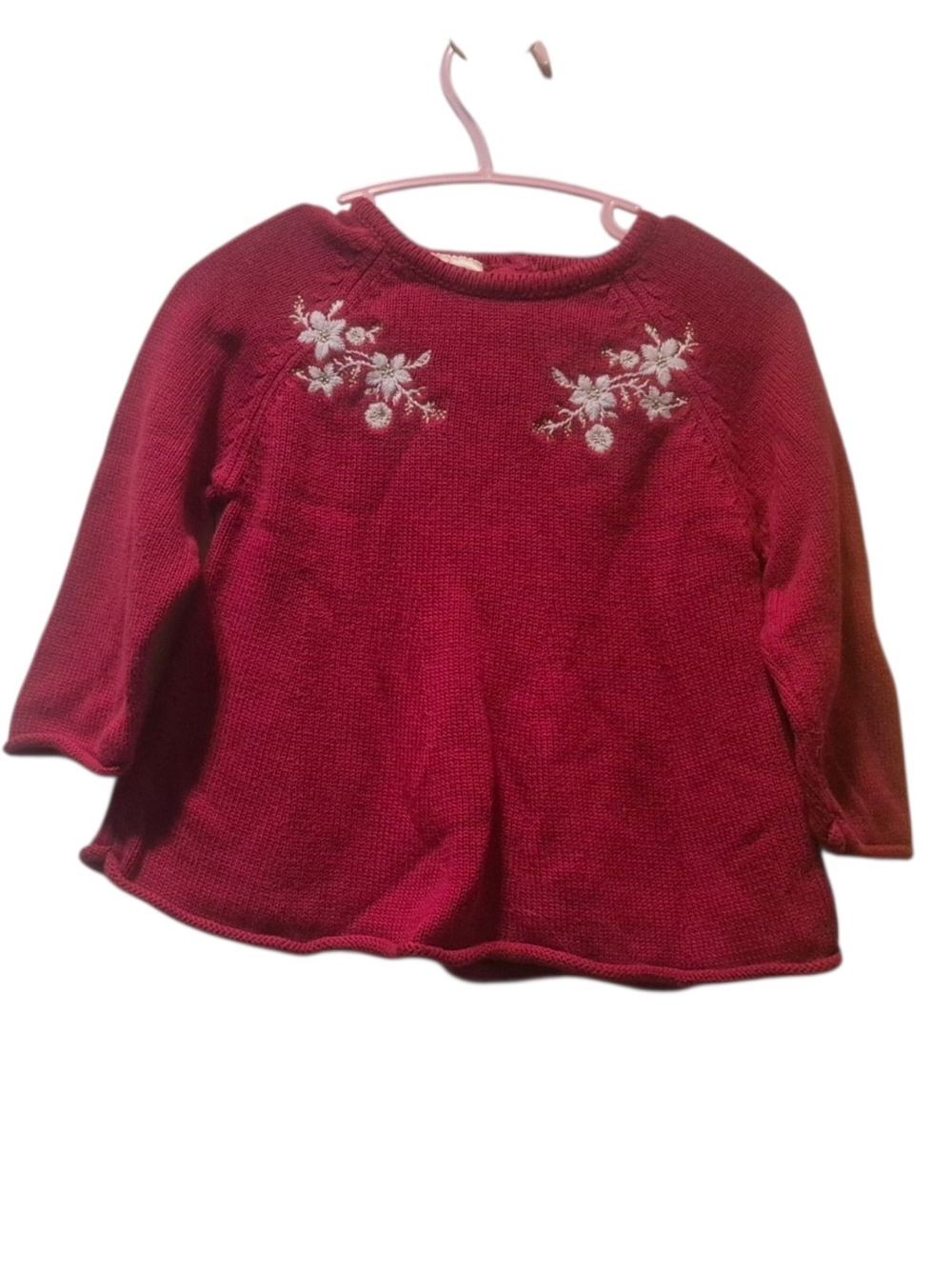 First Impressions Red Knit Top with White Floral Embroidery
